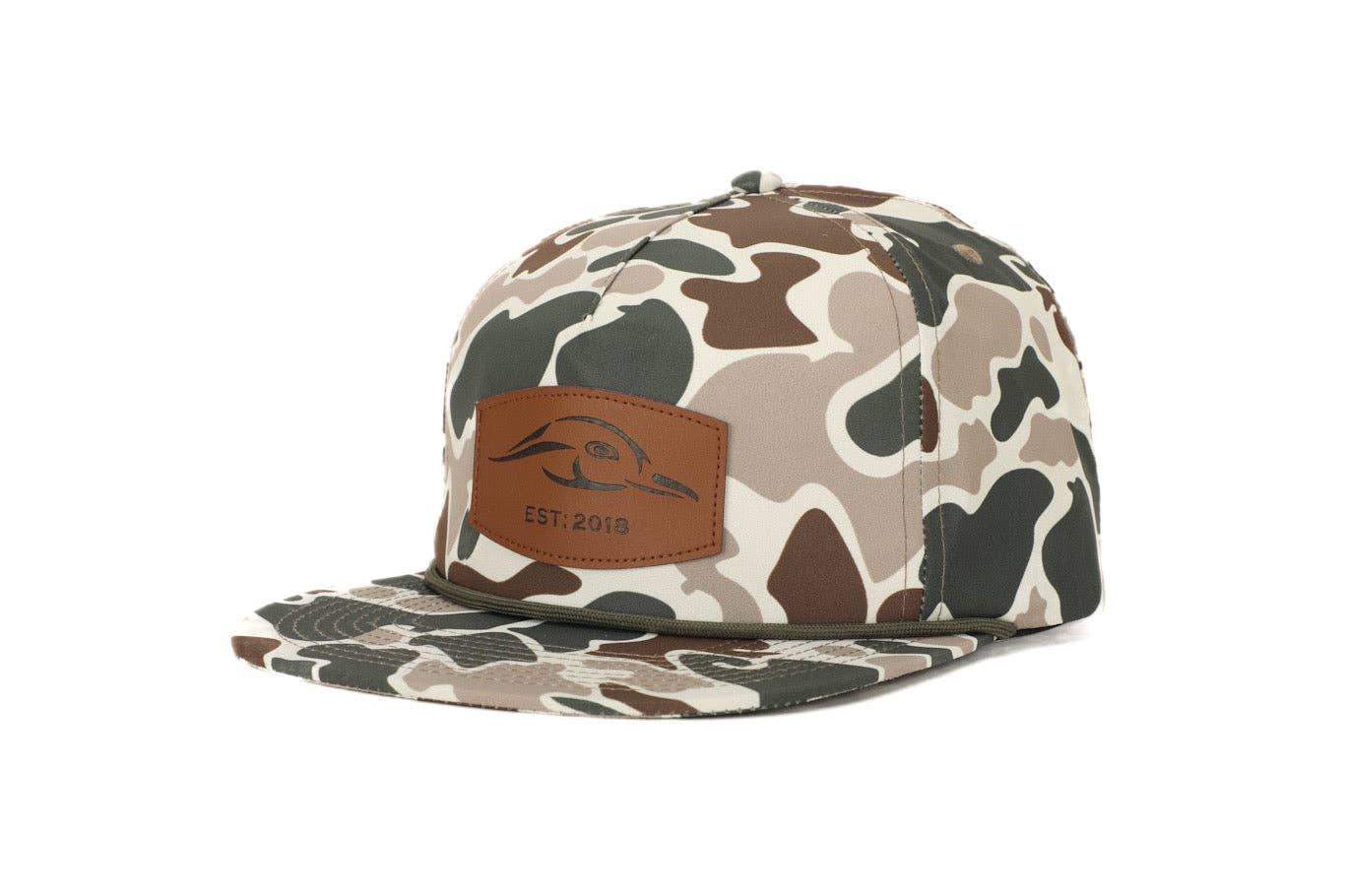 American Flyway Waterfowl - Leather Patch Green and Brown Camo Vintage Rope Old School Hat