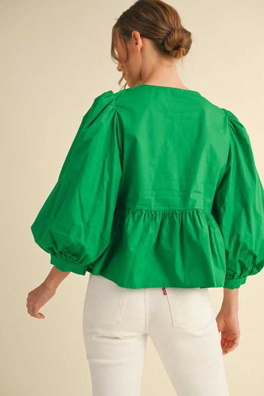 BOW TIES 3/4 SLEEVES TOP - KELLY GREEN