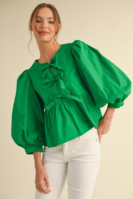 BOW TIES 3/4 SLEEVES TOP - KELLY GREEN