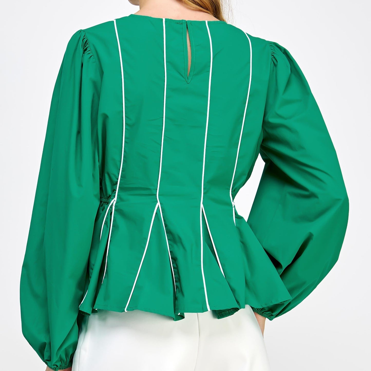 Long Puff Sleeves Blouse With Piping Detail