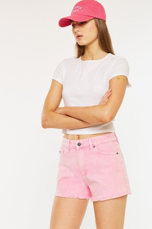 Kancan High Rise Frayed Hem Denim Shorts - Pink