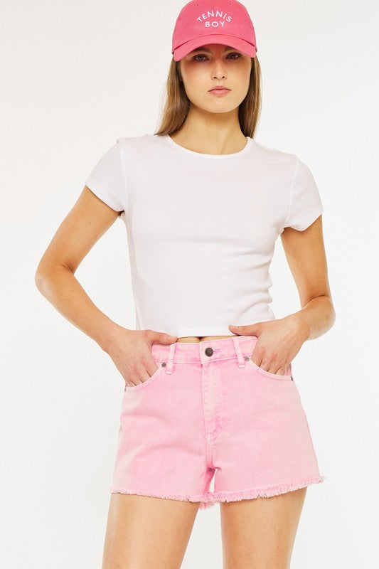 Kancan High Rise Frayed Hem Denim Shorts - Pink