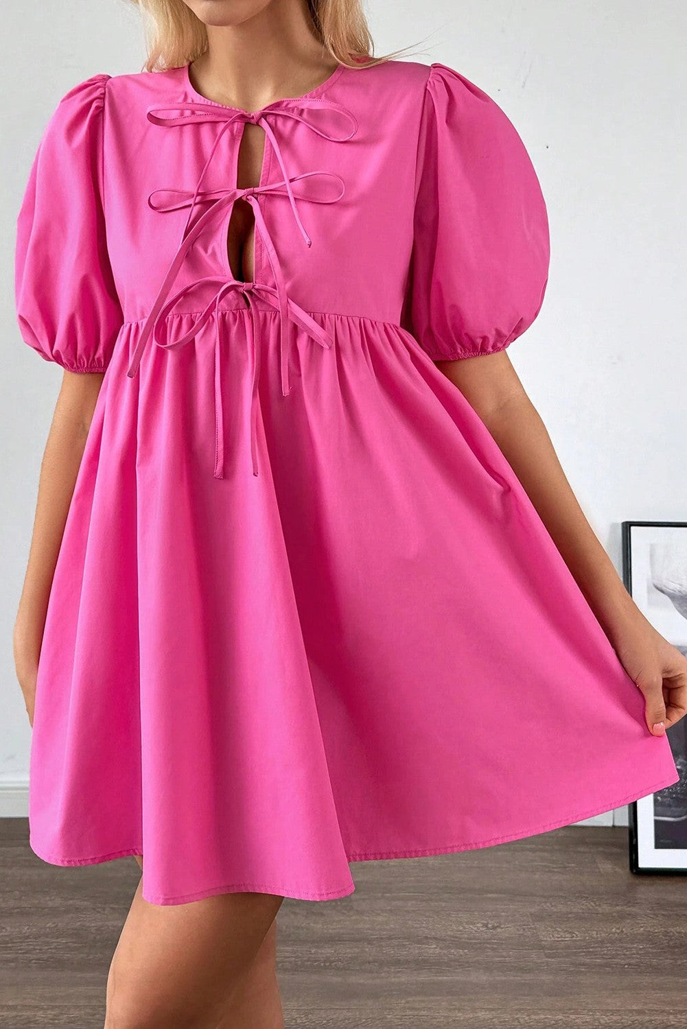 Bright Pink Puff Sleeve Tie Front Dress