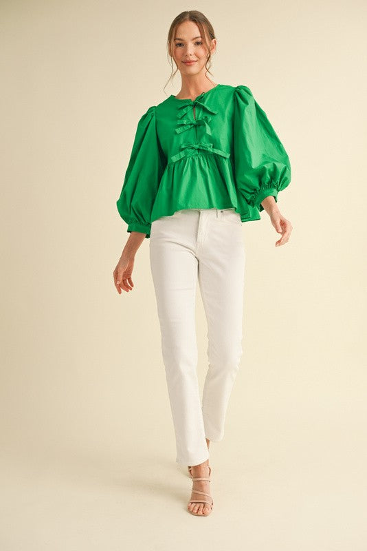 BOW TIES 3/4 SLEEVES TOP - KELLY GREEN