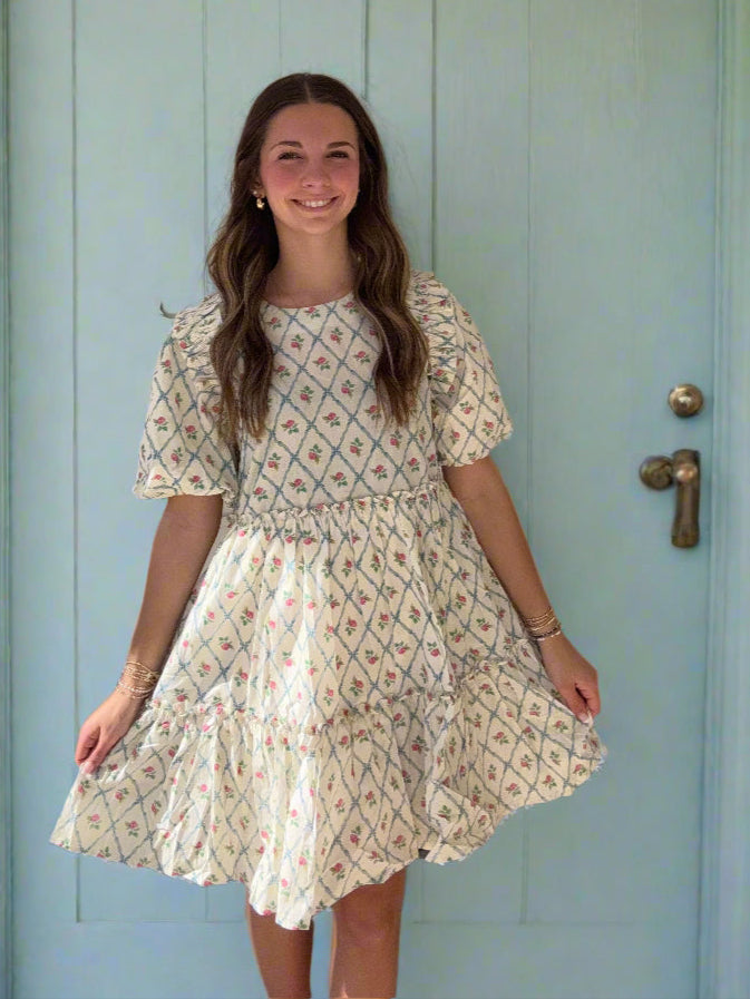 GIGIO - Round Neck Mini Babydoll Dress with Puff Sleeves and Ruffle Details