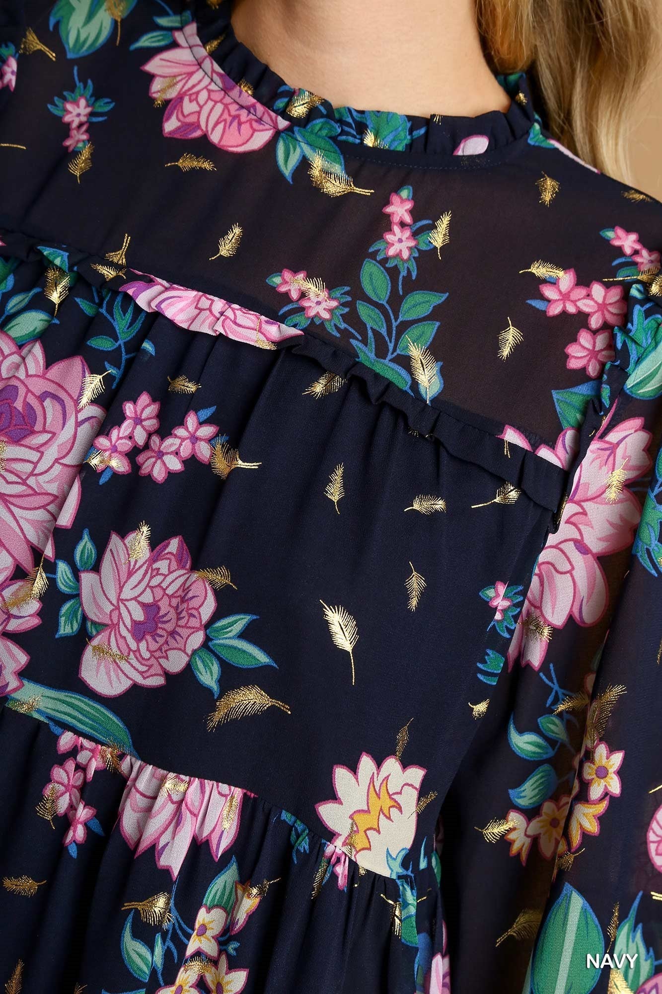 Umgee -Gold Foil Floral Print Tiered Dress - Navy