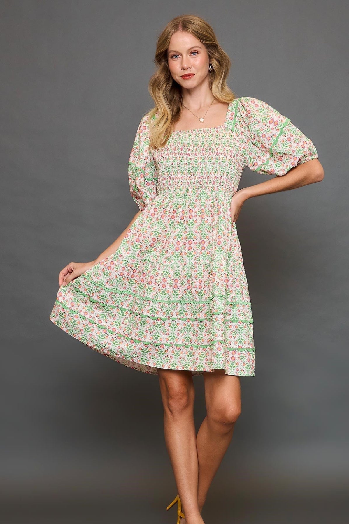 Umgee -Floral Print Mini Dress with Puff Sleeves