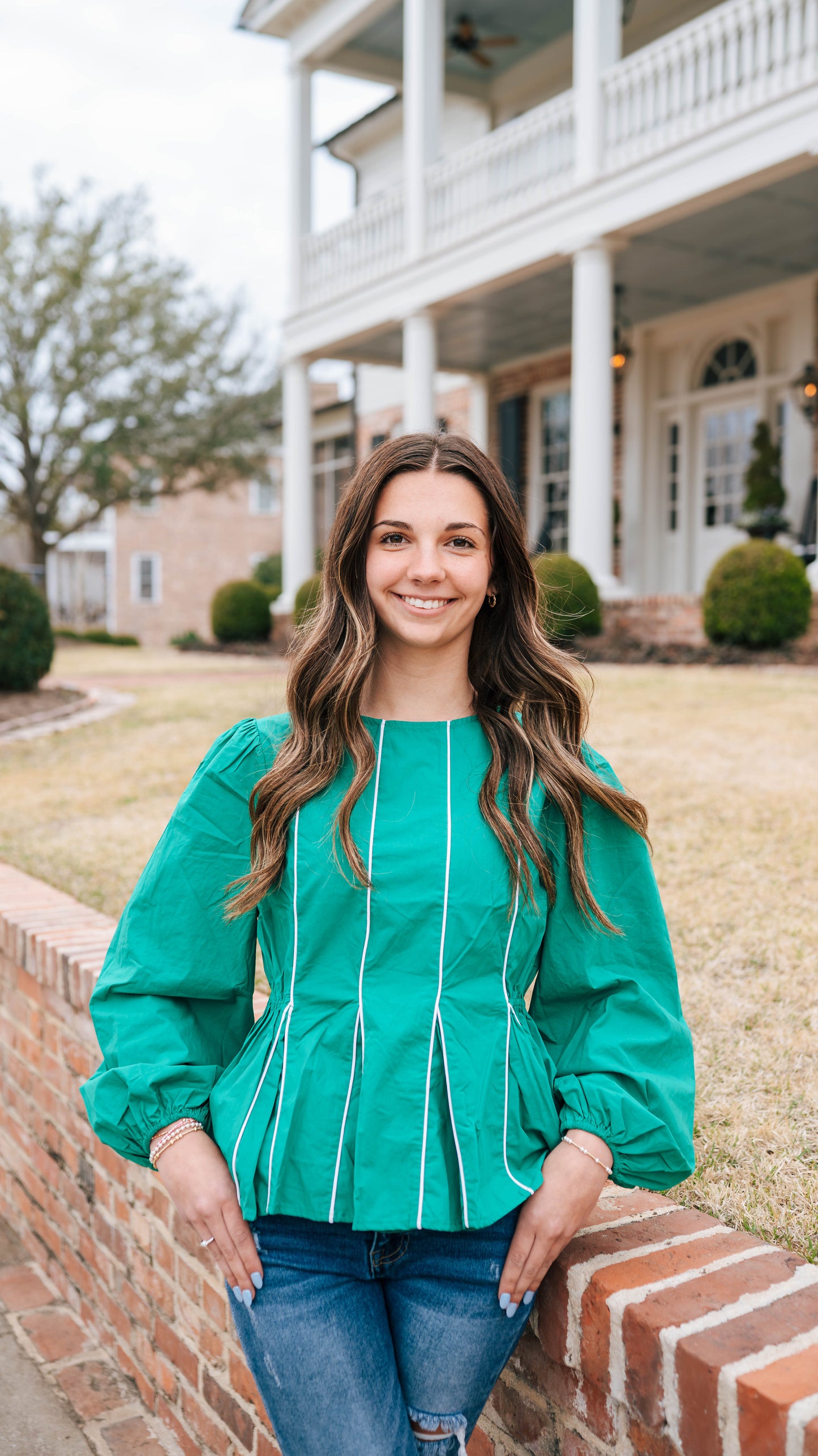 Long Puff Sleeves Blouse With Piping Detail