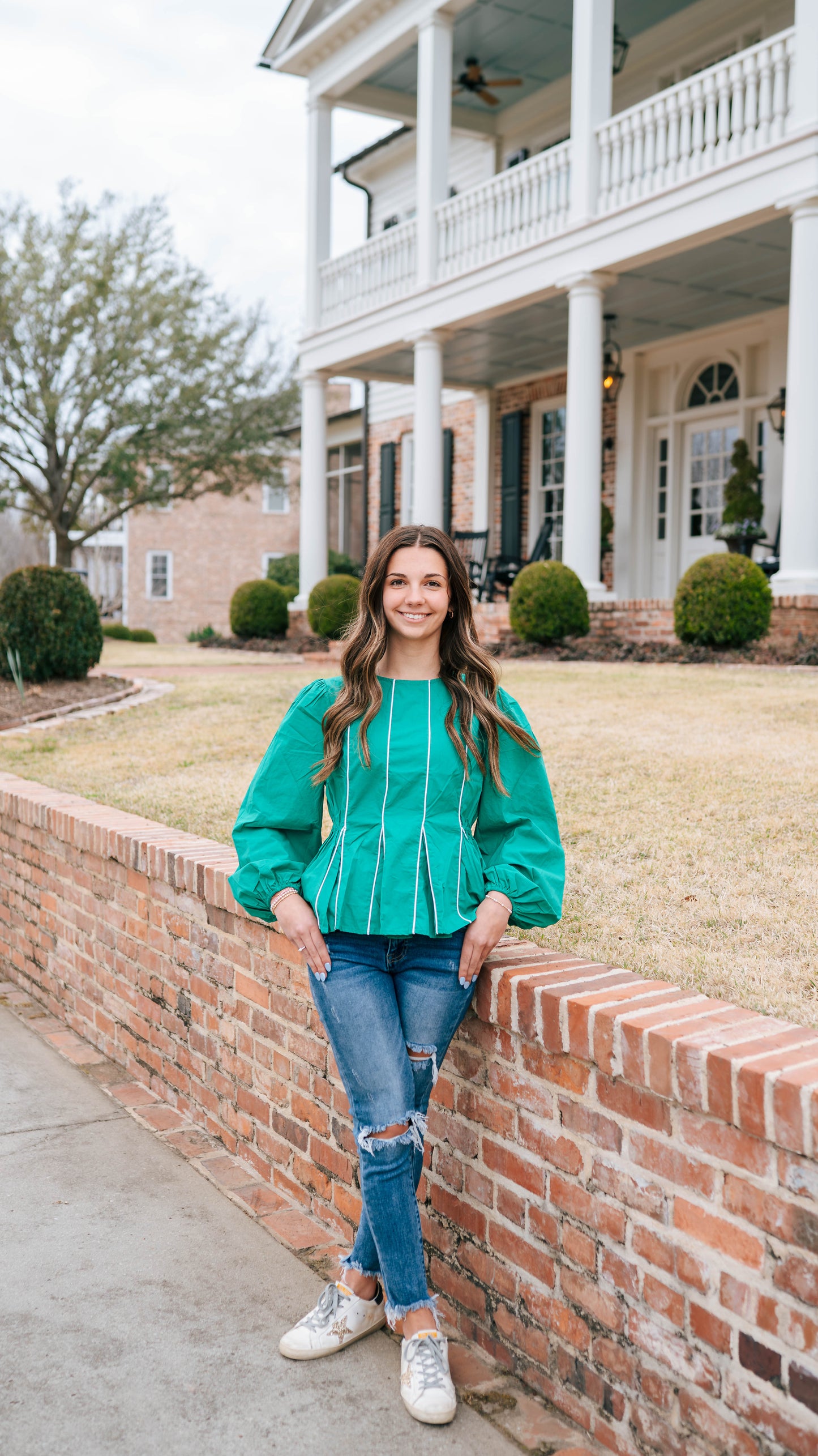 Long Puff Sleeves Blouse With Piping Detail