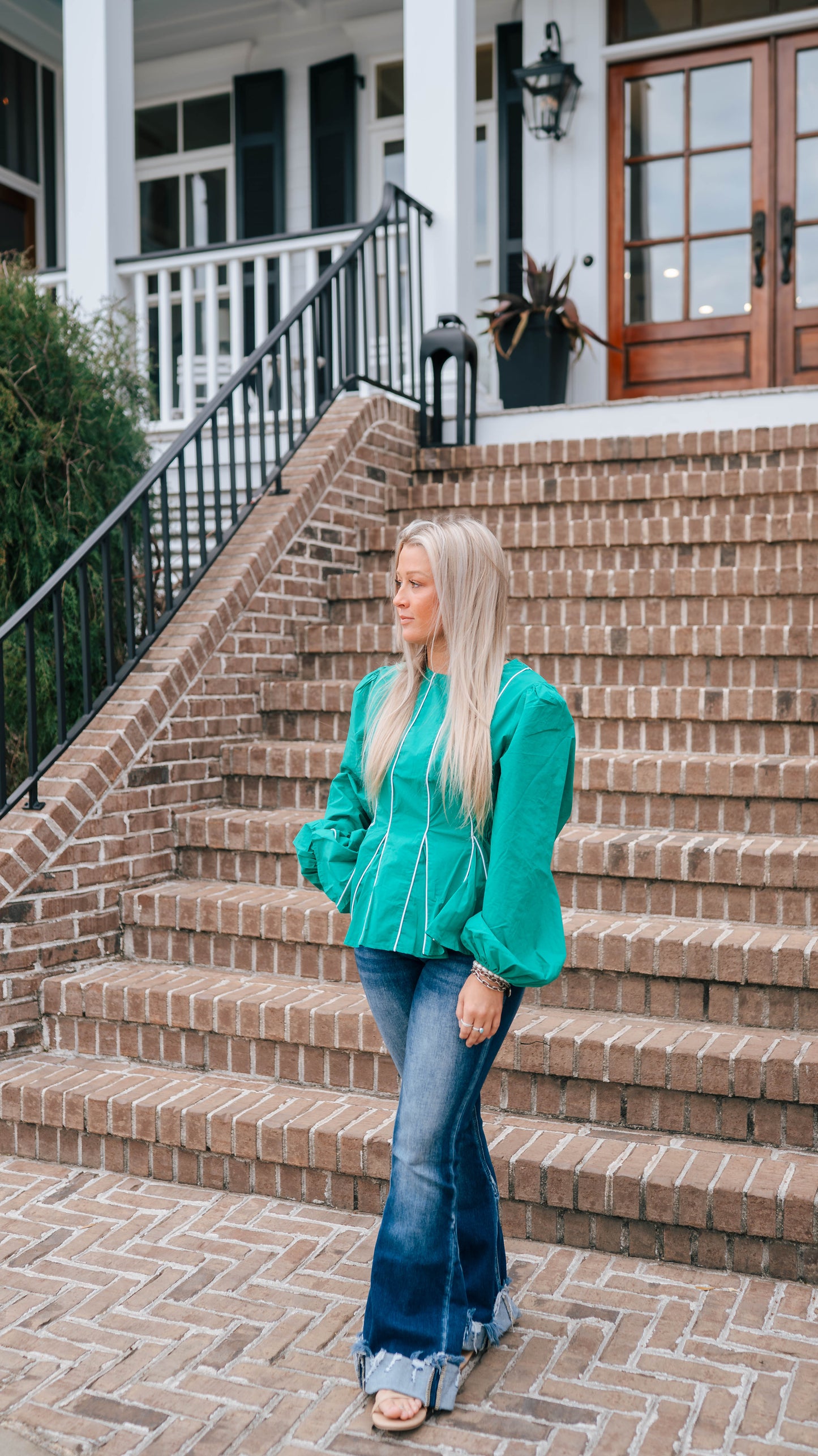Long Puff Sleeves Blouse With Piping Detail