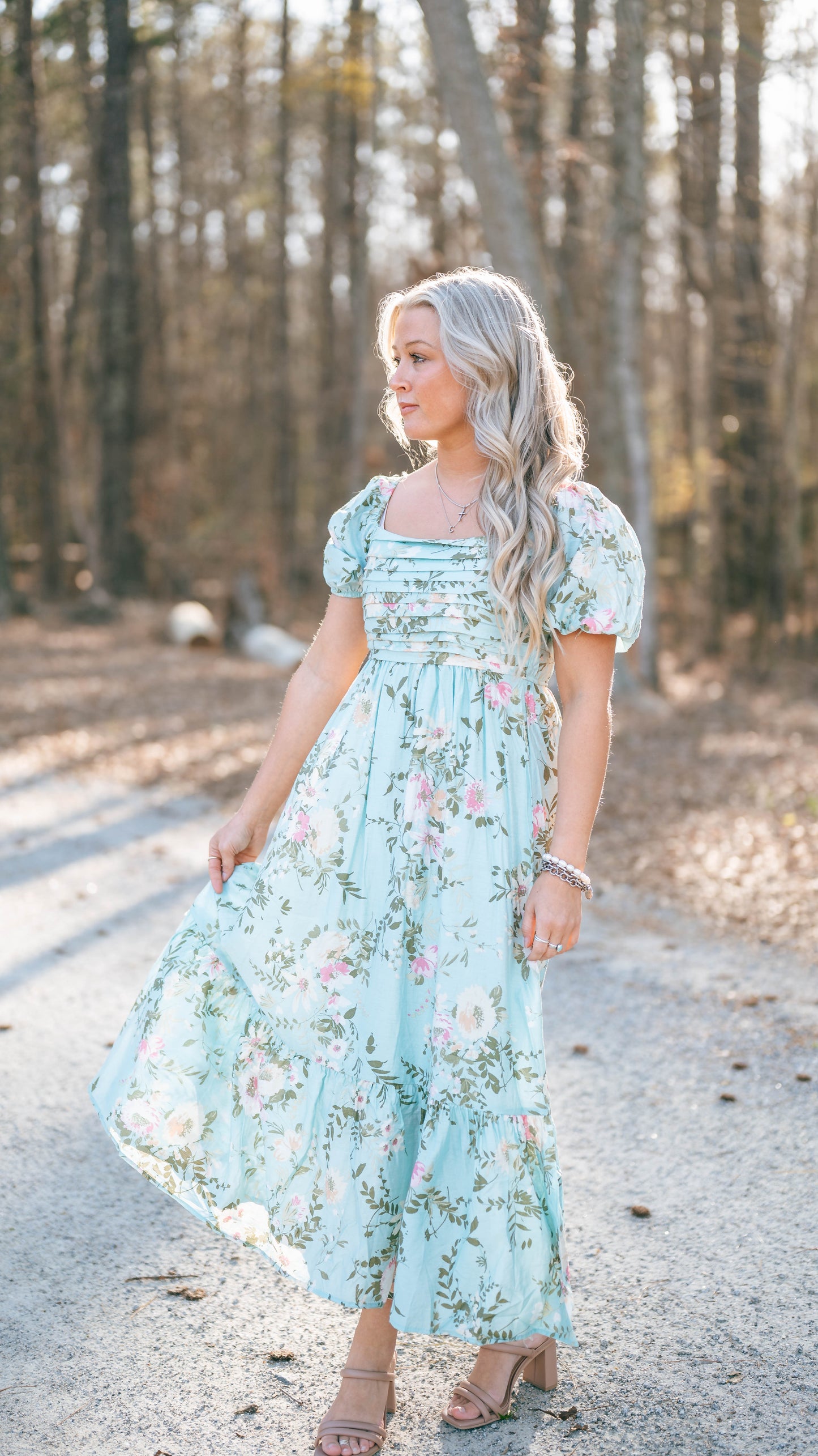 FLORAL PRINTED BALLOON SLEEVE MIDI DRESS - MINT FLORAL