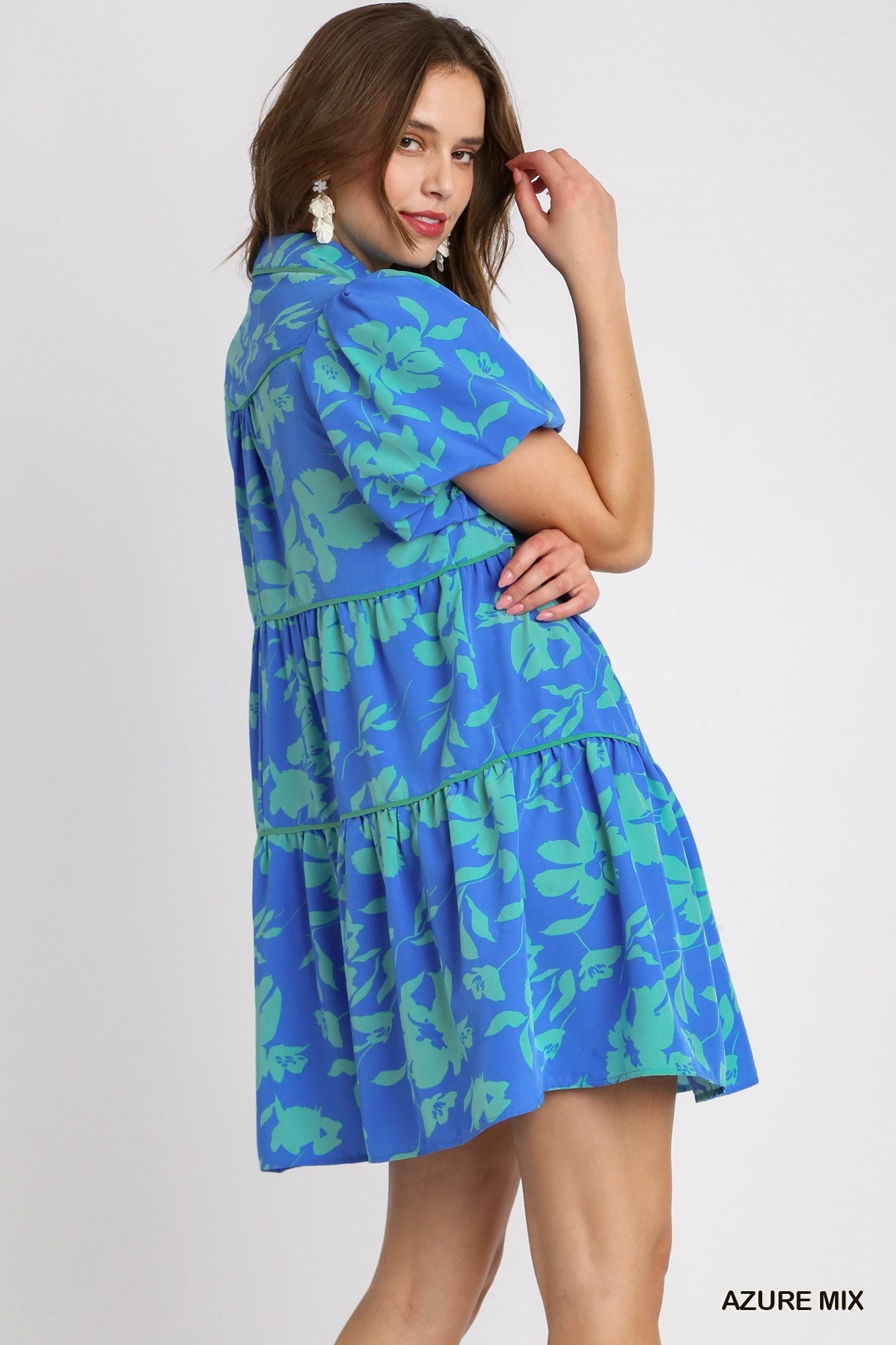 Umgee -Two Tone Floral Print Collared Tiered A-Line Dress with Bubble Sleeves and Contrast Piping