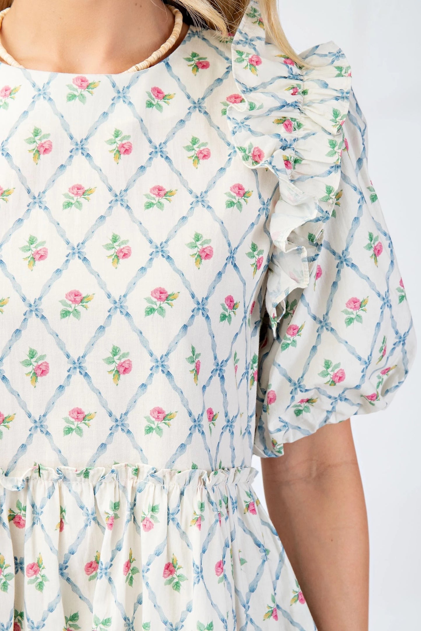 GIGIO - Round Neck Mini Babydoll Dress with Puff Sleeves and Ruffle Details