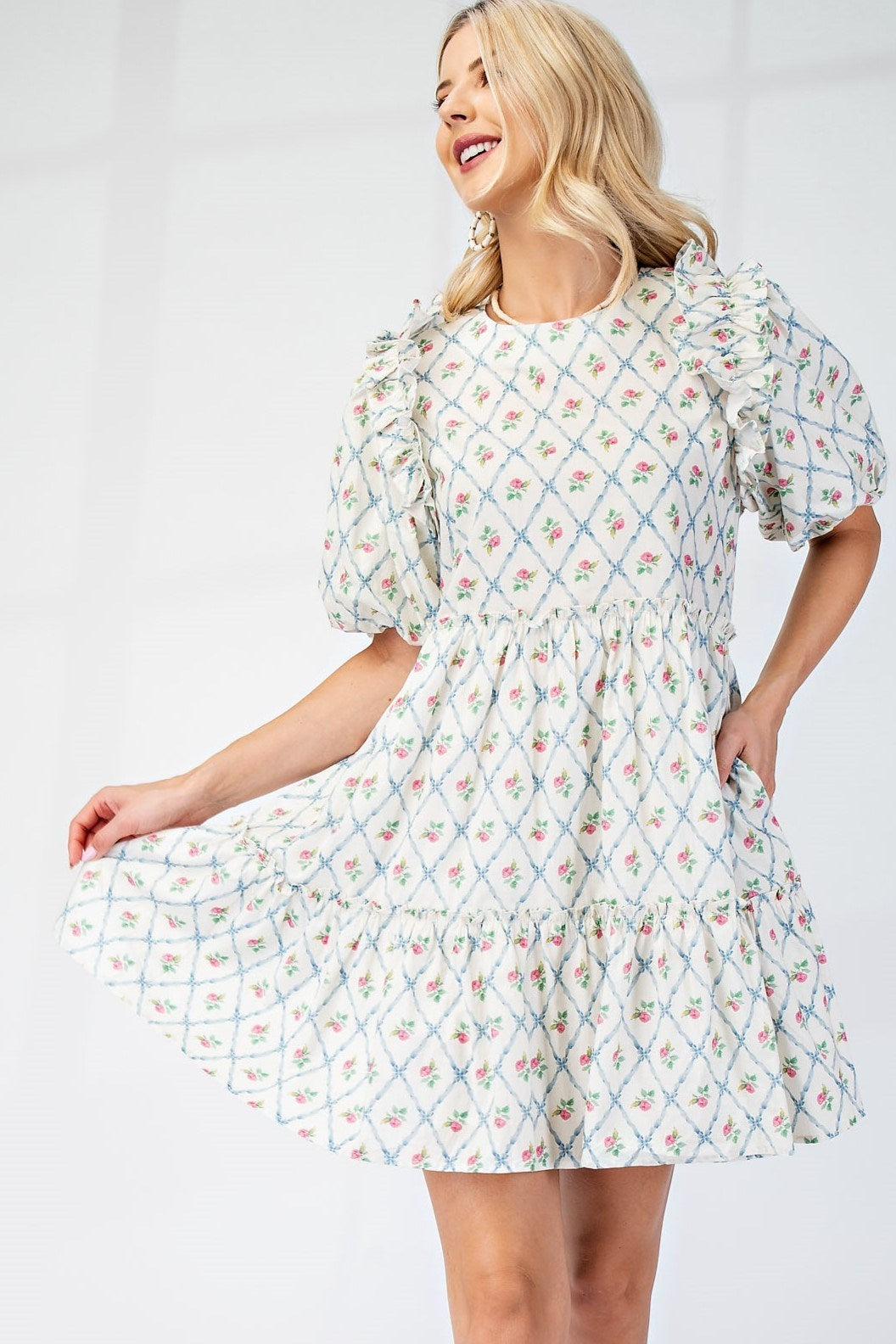 GIGIO - Round Neck Mini Babydoll Dress with Puff Sleeves and Ruffle Details