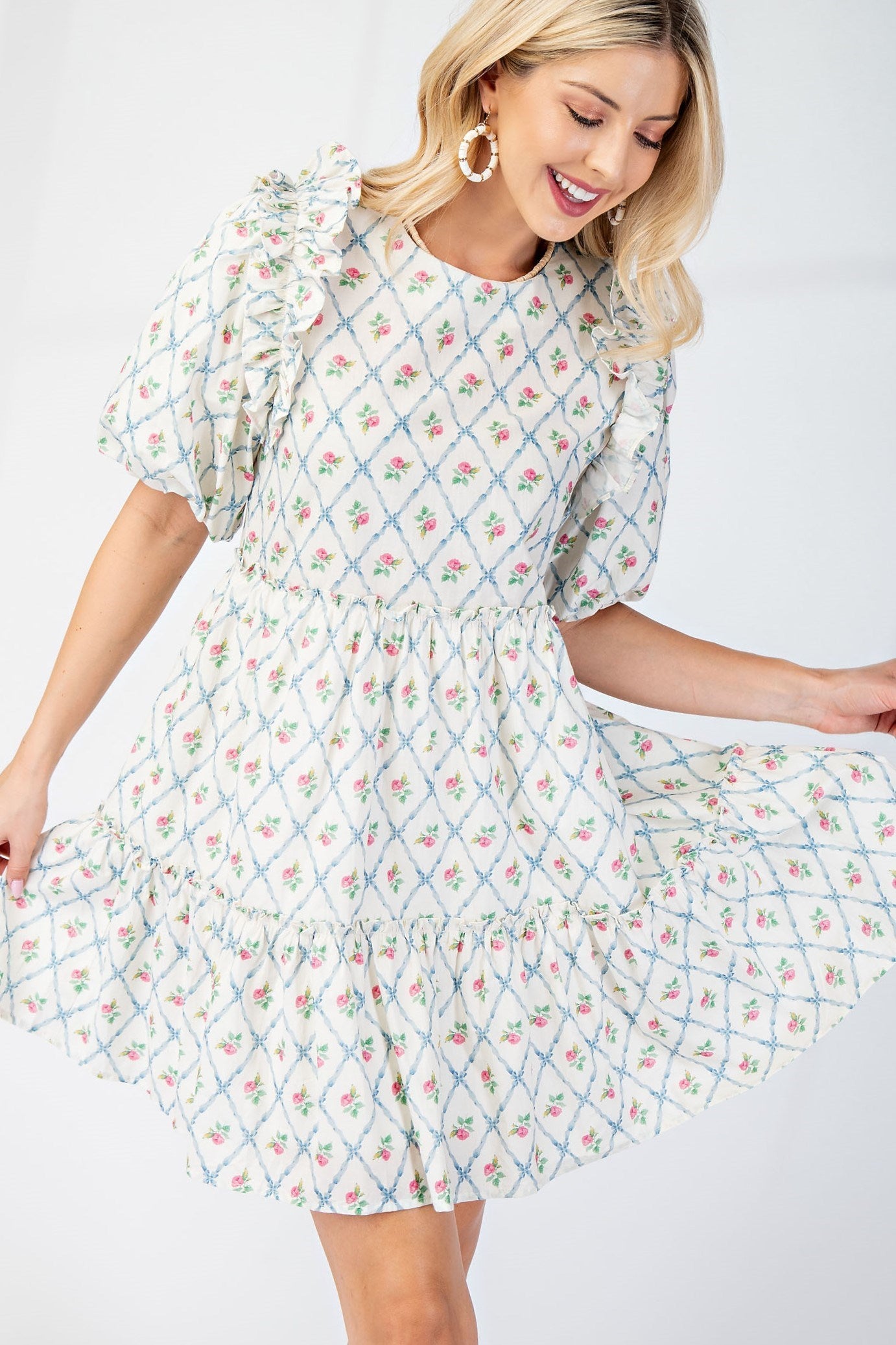 GIGIO - Round Neck Mini Babydoll Dress with Puff Sleeves and Ruffle Details