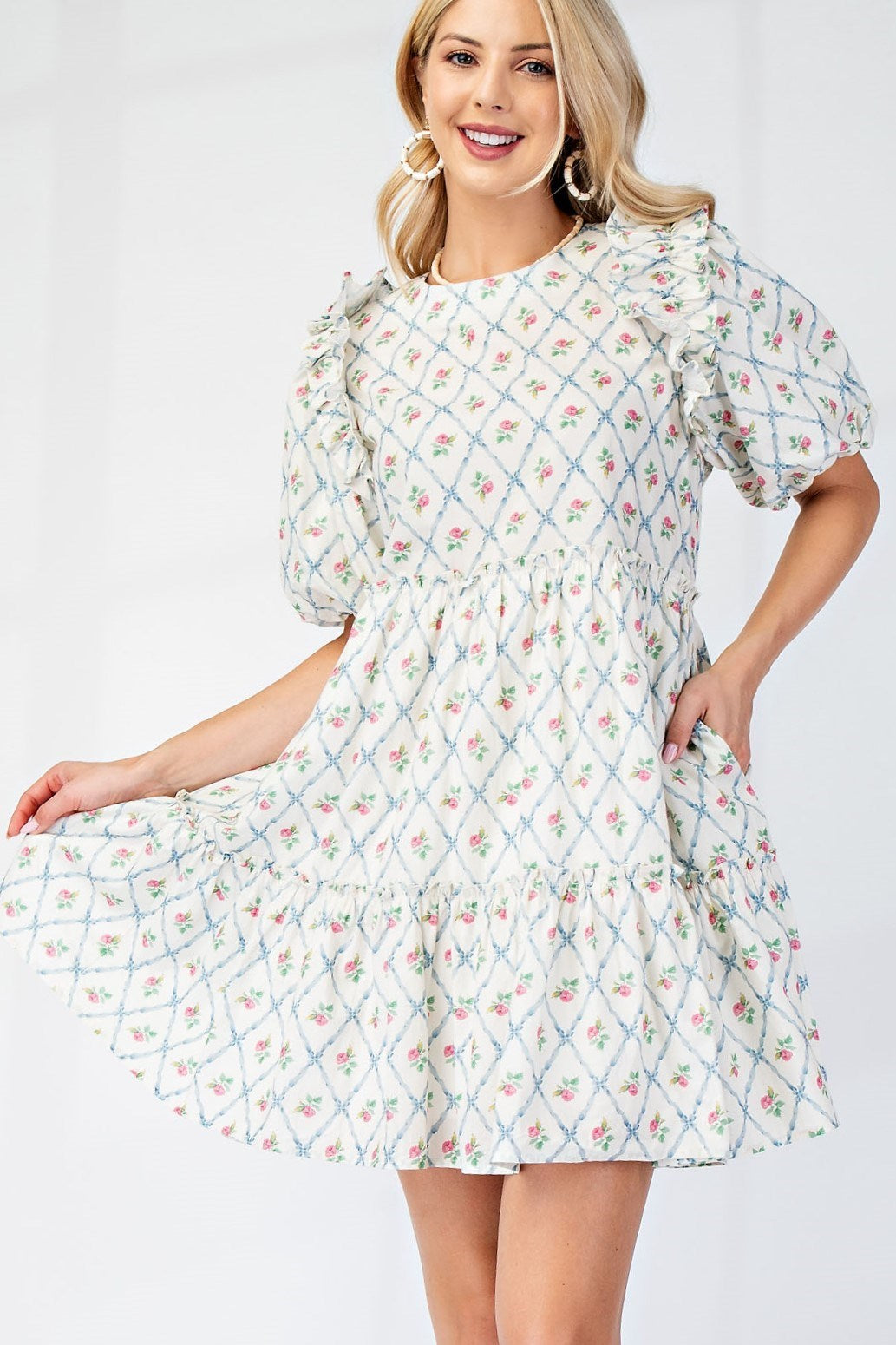GIGIO - Round Neck Mini Babydoll Dress with Puff Sleeves and Ruffle Details