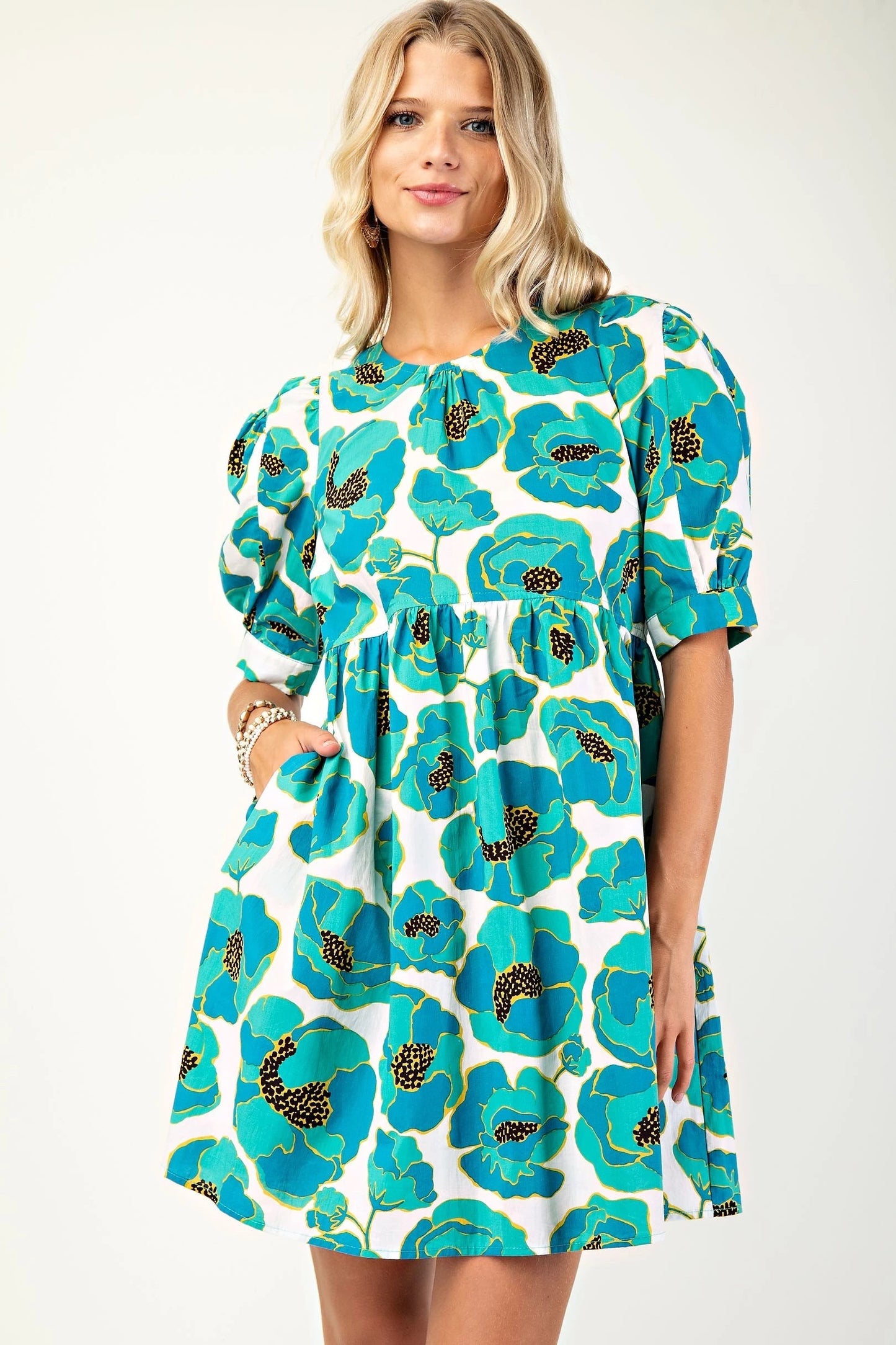 Gigio - Printed Round Neck Mini Dress with Cuffed Puff Sleeves and Buttoned Back