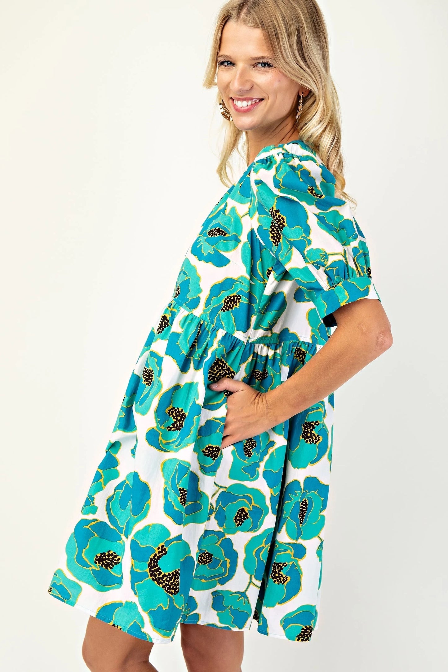 Gigio - Printed Round Neck Mini Dress with Cuffed Puff Sleeves and Buttoned Back