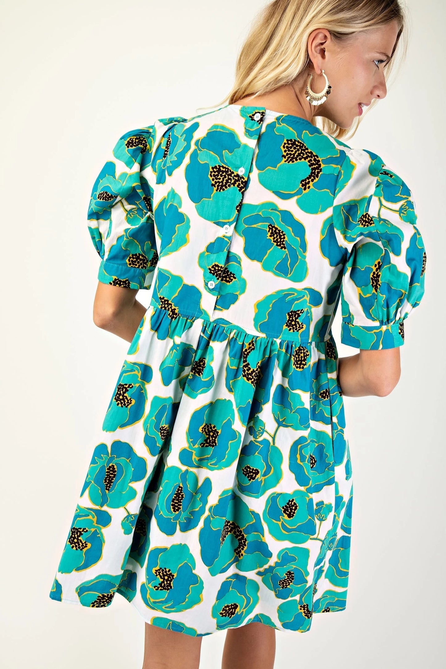 Gigio - Printed Round Neck Mini Dress with Cuffed Puff Sleeves and Buttoned Back