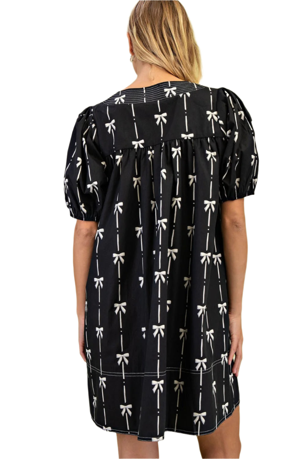 Gigio - Bow Print Round-Neck Mini Dress with Puff Sleeves