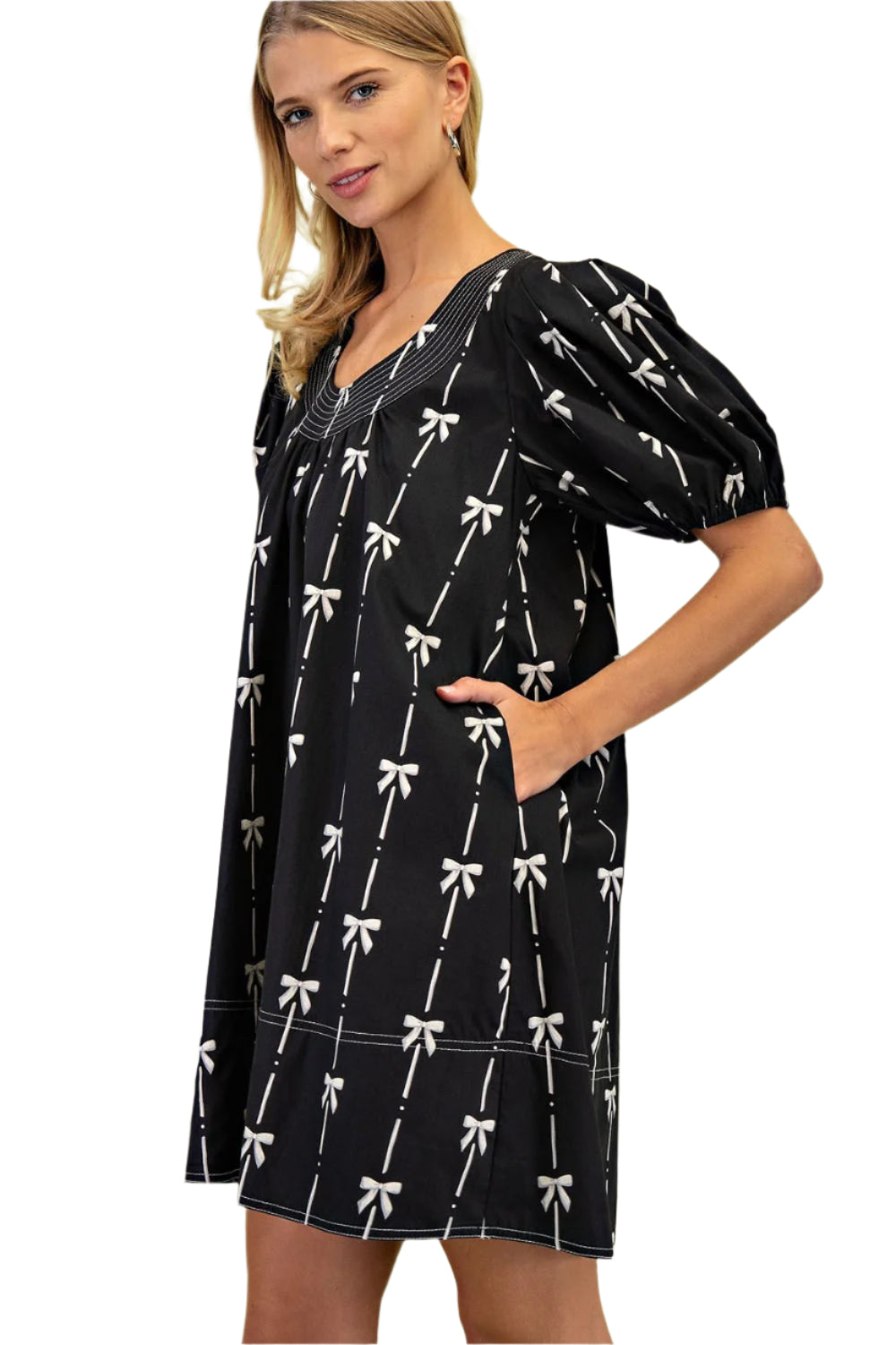 Gigio - Bow Print Round-Neck Mini Dress with Puff Sleeves