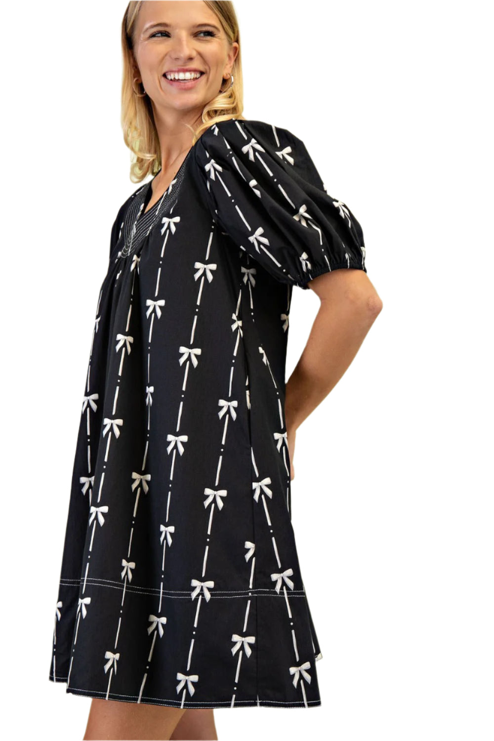 Gigio - Bow Print Round-Neck Mini Dress with Puff Sleeves