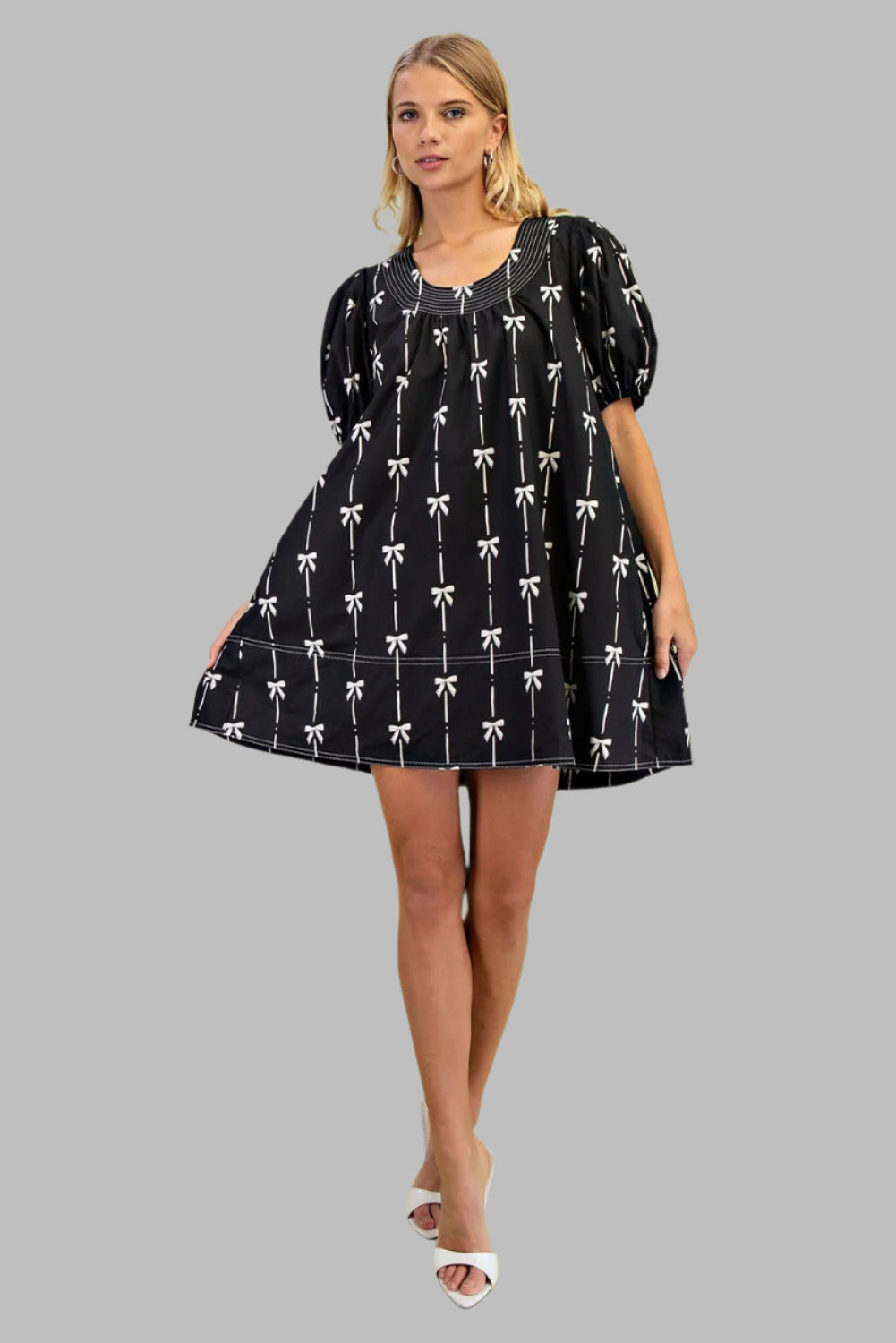 Gigio - Bow Print Round-Neck Mini Dress with Puff Sleeves