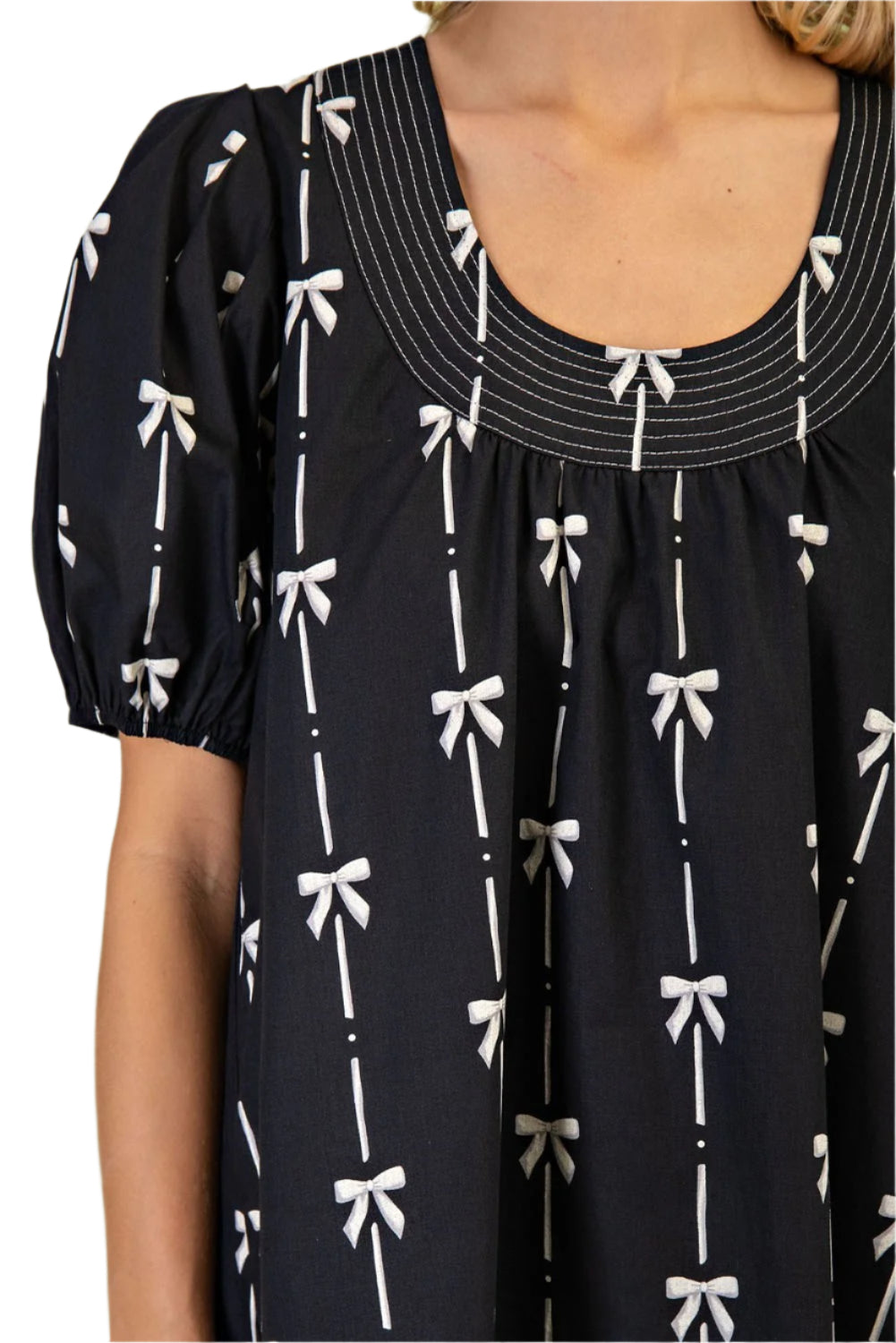 Gigio - Bow Print Round-Neck Mini Dress with Puff Sleeves