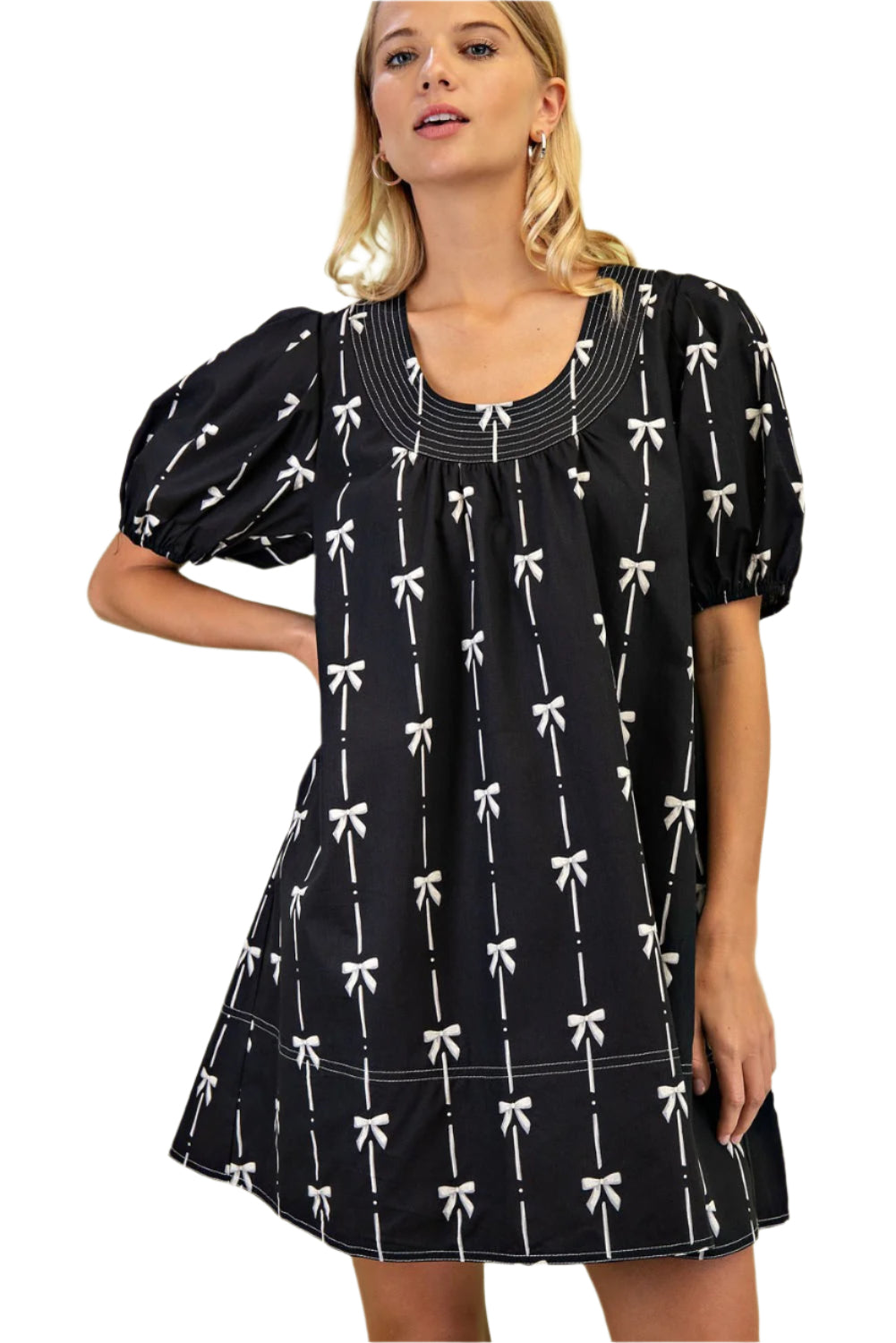 Gigio - Bow Print Round-Neck Mini Dress with Puff Sleeves