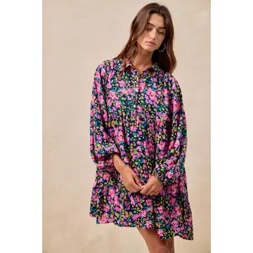 FLORAL PRINT SHIRRING BUTTONED TIERED SHIRT DRESS