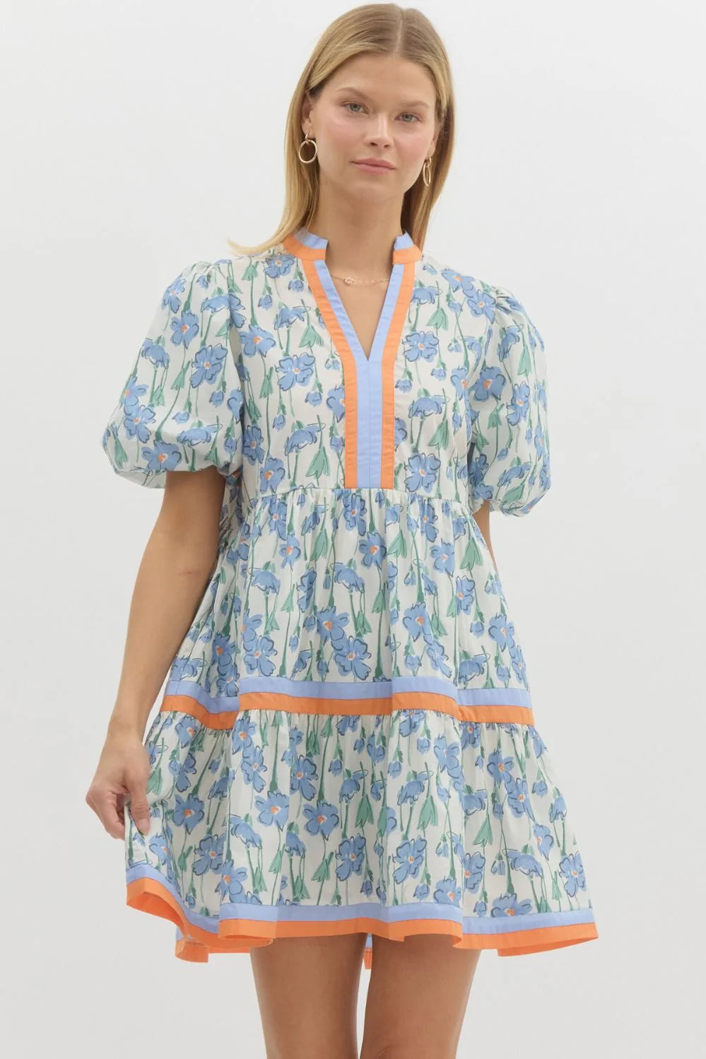 ENTRO FLORAL PRINT SHORT BUBBLE SLEEVE TIERED MINI DRESS