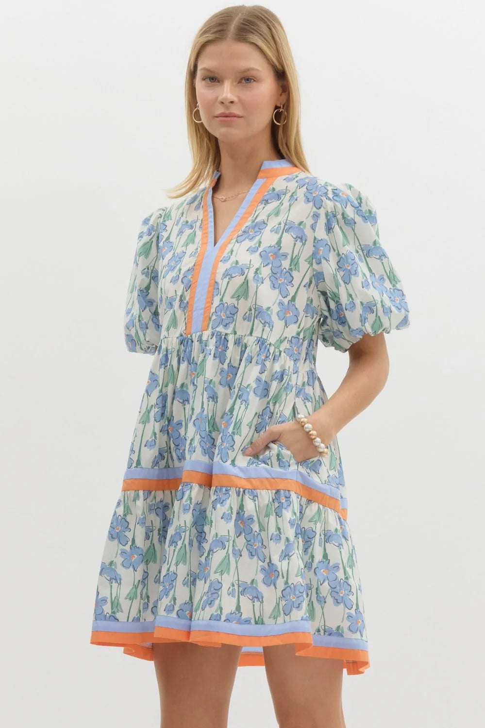 ENTRO FLORAL PRINT SHORT BUBBLE SLEEVE TIERED MINI DRESS