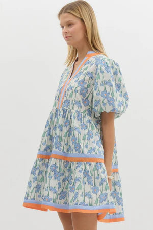 ENTRO FLORAL PRINT SHORT BUBBLE SLEEVE TIERED MINI DRESS