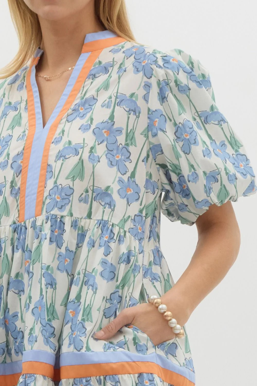 ENTRO FLORAL PRINT SHORT BUBBLE SLEEVE TIERED MINI DRESS