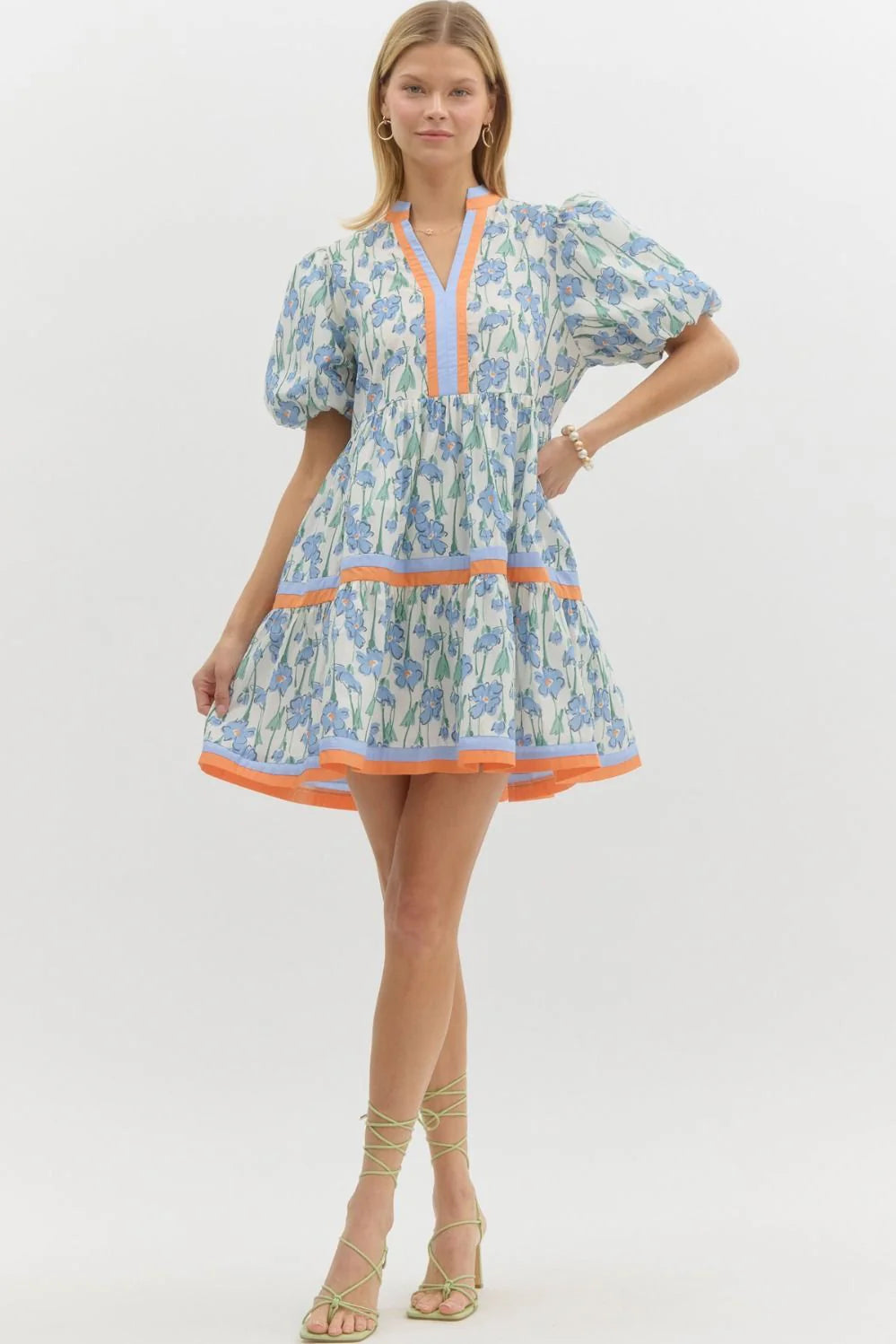 ENTRO FLORAL PRINT SHORT BUBBLE SLEEVE TIERED MINI DRESS