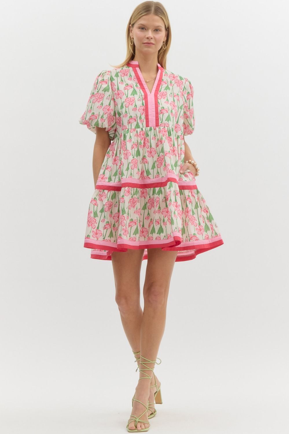 ENTRO FLORAL PRINT SHORT BUBBLE SLEEVE TIERED MINI DRESS