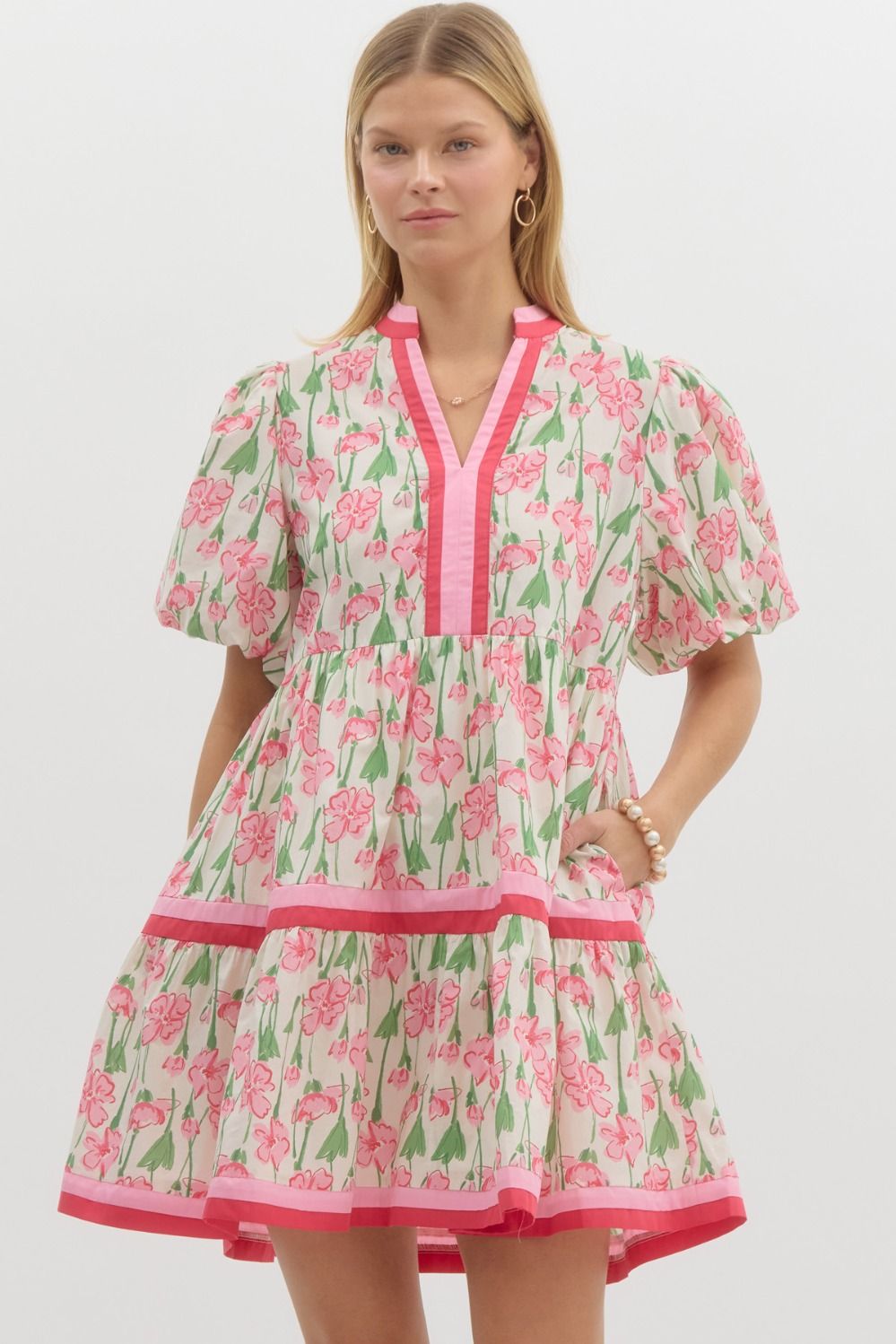 ENTRO FLORAL PRINT SHORT BUBBLE SLEEVE TIERED MINI DRESS