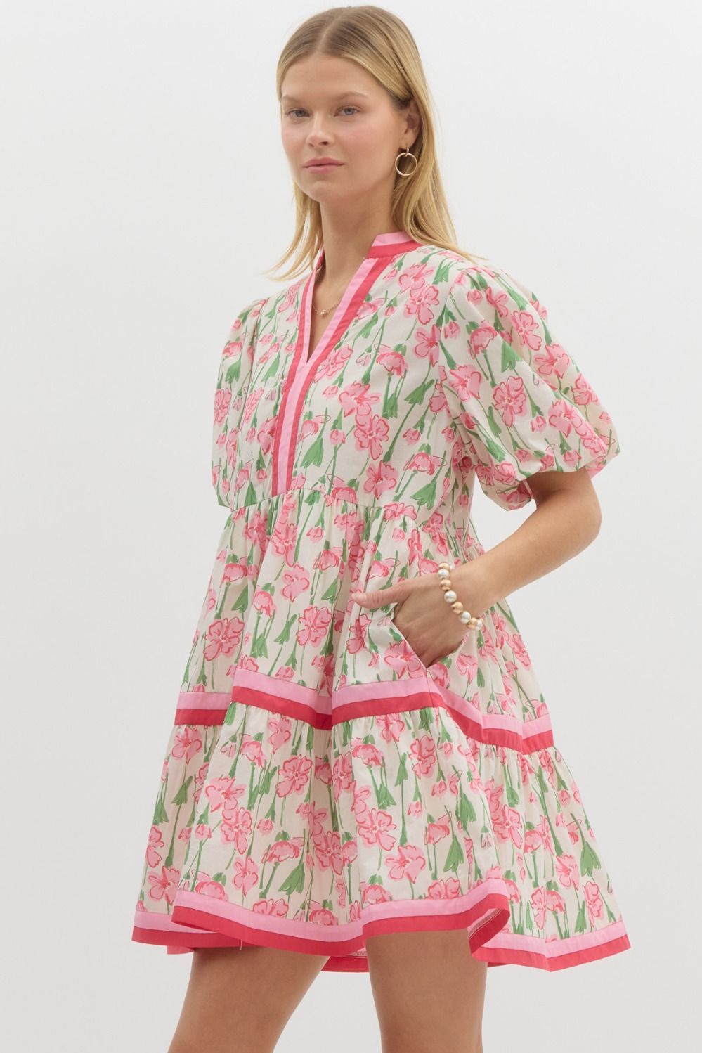 ENTRO FLORAL PRINT SHORT BUBBLE SLEEVE TIERED MINI DRESS