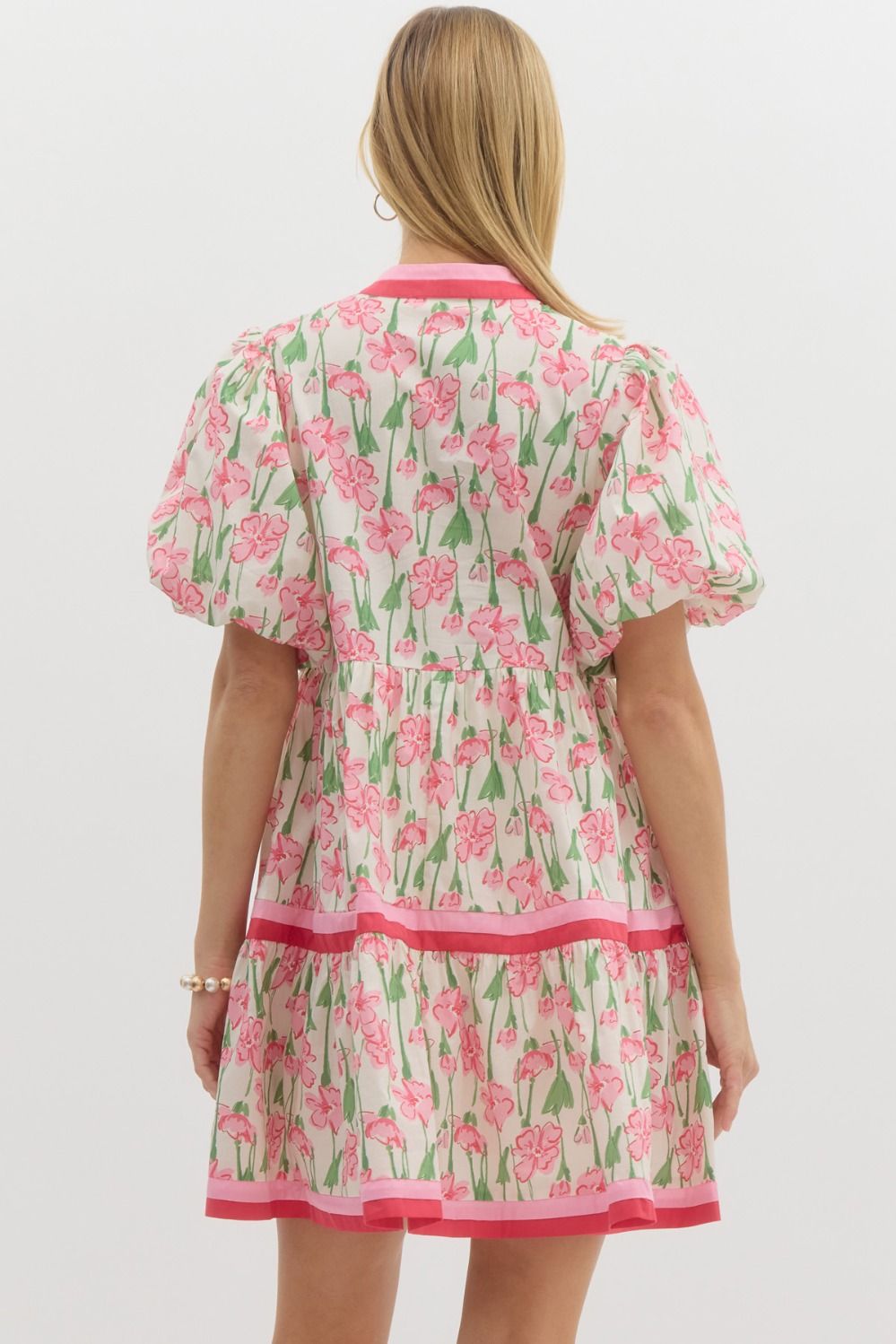 ENTRO FLORAL PRINT SHORT BUBBLE SLEEVE TIERED MINI DRESS