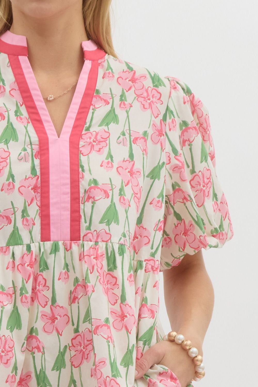 ENTRO FLORAL PRINT SHORT BUBBLE SLEEVE TIERED MINI DRESS