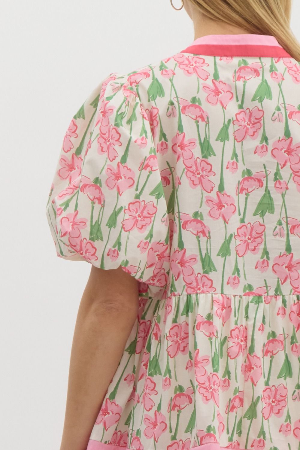 ENTRO FLORAL PRINT SHORT BUBBLE SLEEVE TIERED MINI DRESS