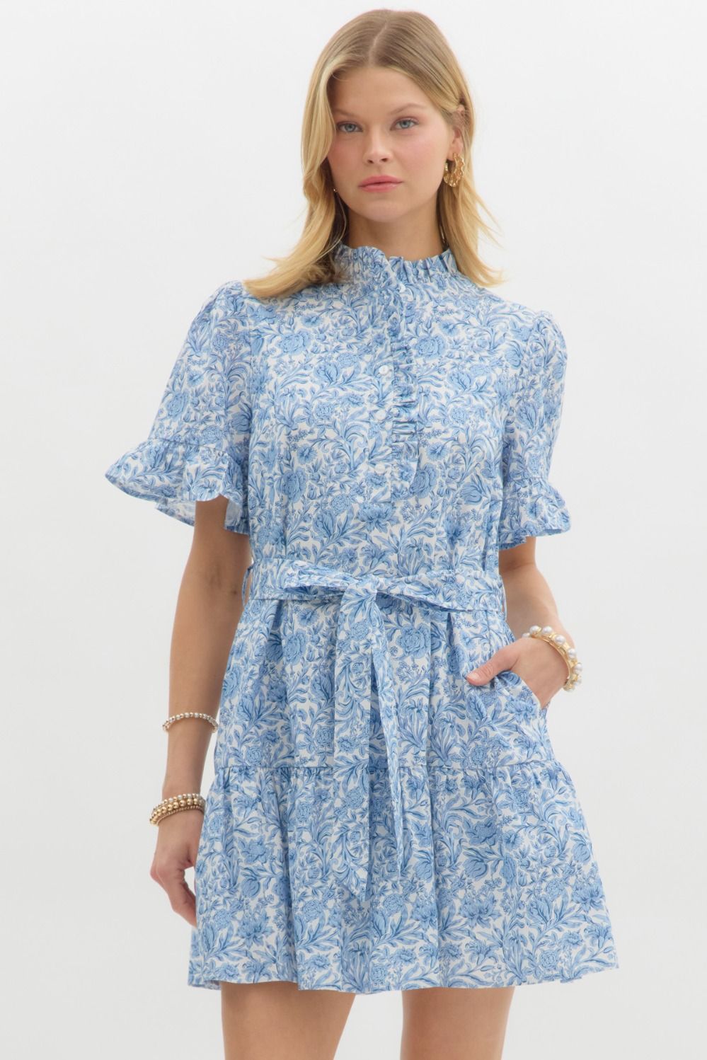 Blue Floral Print Pullover Mini Dress