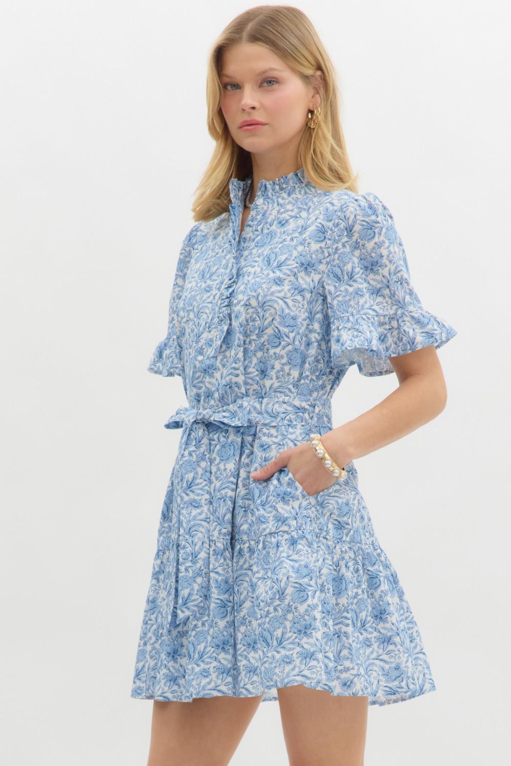 Blue Floral Print Pullover Mini Dress