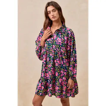 FLORAL PRINT SHIRRING BUTTONED TIERED SHIRT DRESS