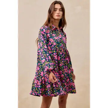 FLORAL PRINT SHIRRING BUTTONED TIERED SHIRT DRESS