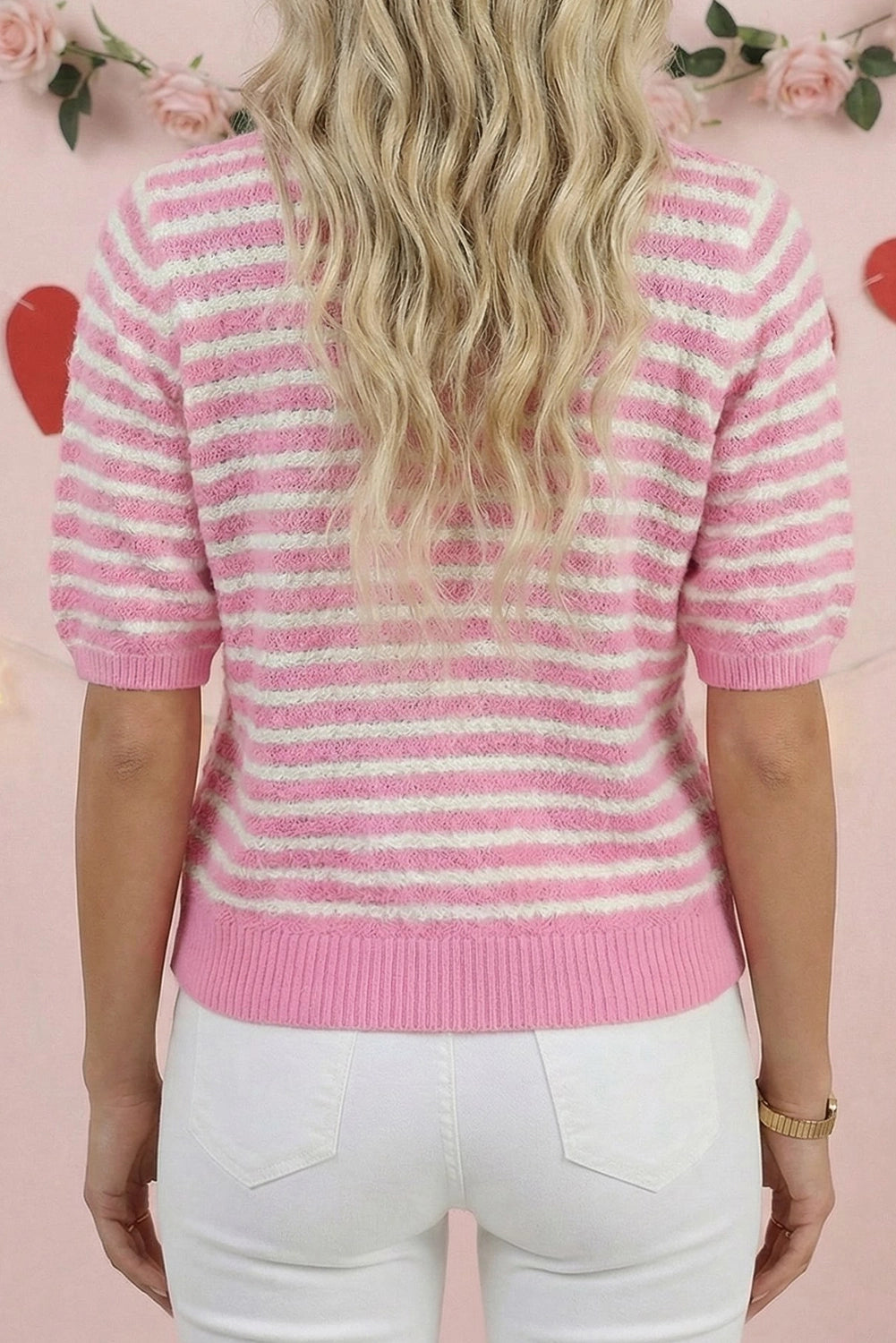 Valentines Stripe Knit Contrast Trim Bow Knot Sweater
