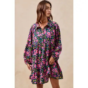 FLORAL PRINT SHIRRING BUTTONED TIERED SHIRT DRESS