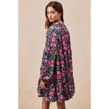 FLORAL PRINT SHIRRING BUTTONED TIERED SHIRT DRESS