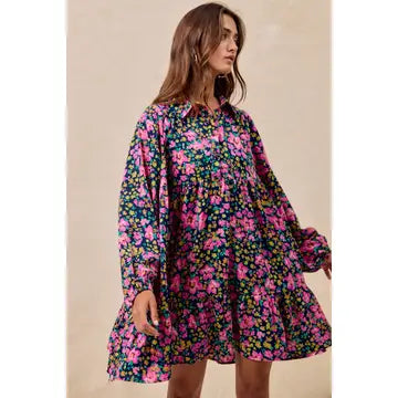 FLORAL PRINT SHIRRING BUTTONED TIERED SHIRT DRESS