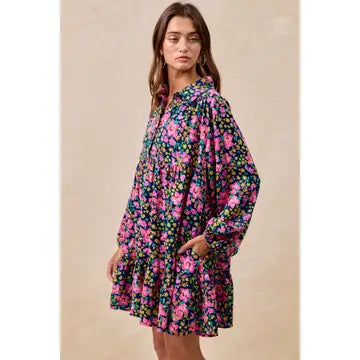 FLORAL PRINT SHIRRING BUTTONED TIERED SHIRT DRESS